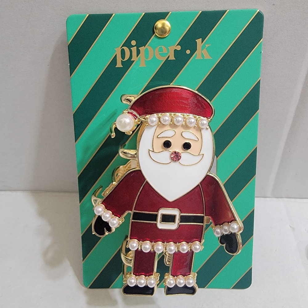 NEW! Piper K Christmas Santa Claus Pearls‎ Bling Festive Metal Gold Hair Clip